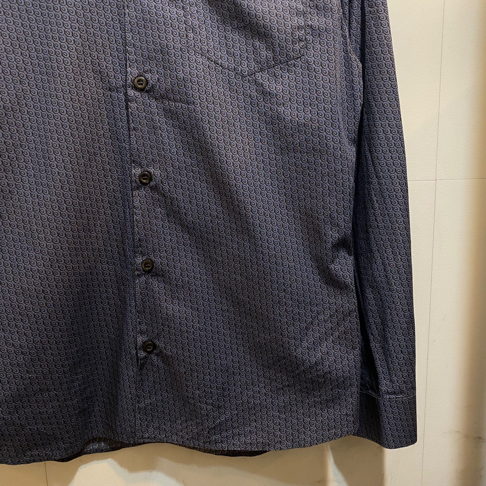 美品 プラダ イタリア製 高級コットン総柄シャツ 比翼 38/15 S~M