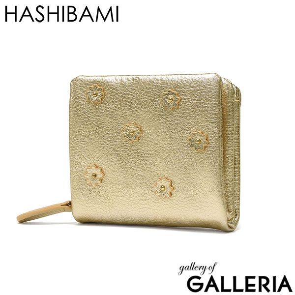 ハシバミ 二つ折り財布 レディース 本革 HASHIBAMI 財布 コンパクト ウォレット ブランド おしゃれ かわいい 小さい ミニ レザー 軽い 折り財布 小銭入れ付き スモールフラワー ハーフウォレット Ha-2407-502 GOLD
