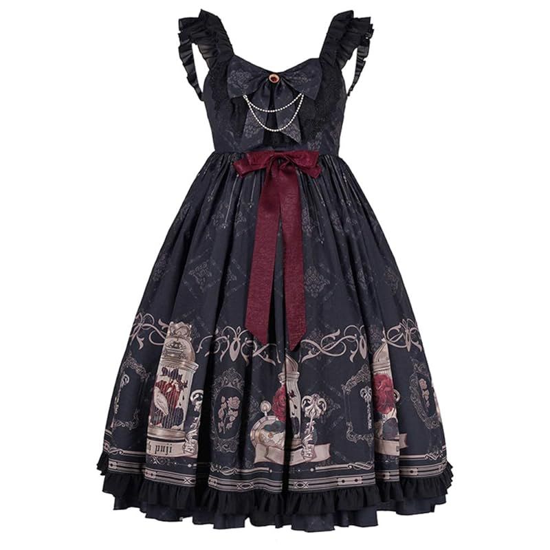 【新品】 [SSUPTEMBER2] ゴスロリ ロリータ ワンピース ハロウィン 仮装 コスプレ ゴシック 黒いロリータ 森ガール 女の子 フリル リボン 夏 cosplay lolita お茶会 通勤 学園祭 文化祭 イベント デート 黒 M L (M)