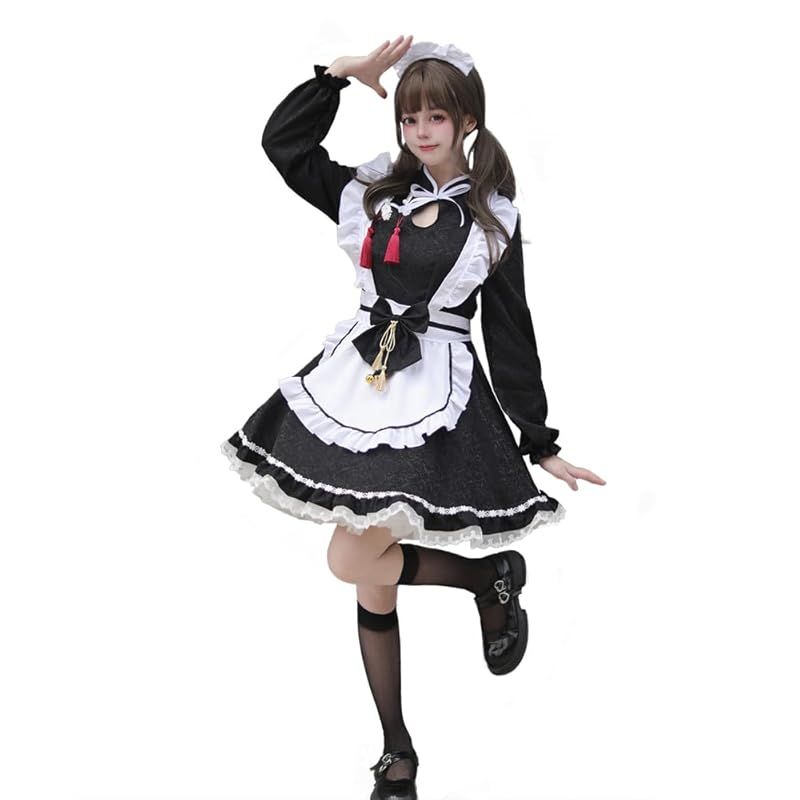 【新品】 [RPFLQ] メイド服 コスプレ ハロウィン 仮装 ロリータ ロリ 蝶結ぶ 胸空き コスチューム レディース エプロン 衣装 長袖 半袖 フリル 可愛い 萌え 撮影 学園祭 イベント 活動 ヘアバンド ニーハイソックス付き (長袖セット, L)