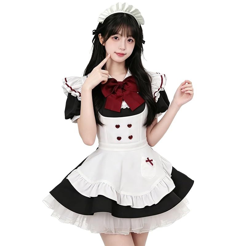 【新品】 [KALAOK] メイド服 コスプレ レース 半袖 ワンピース 大きいサイズ ゴスロリ ハロウィン 仮装 cosplay 喫茶店 black S