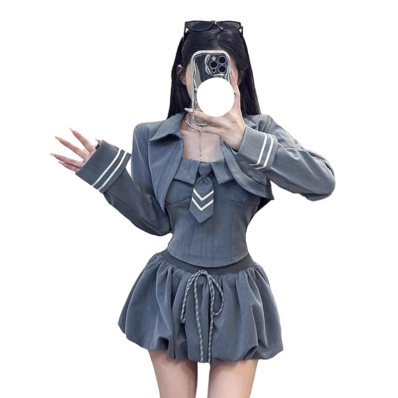 【新品】 [ＸＨＳＵＫＡＤＯ] ケープ風 3点セット ワンピース レディース 長袖 韓国 制服 JK 学院風 OL 森ガール ファション ロリータ ゴスロリ ネクタイ きれいめ 甘い フェミニン ハイウエスト 学生 女の子 少女 春 秋 冬 普段着 通勤 グレ