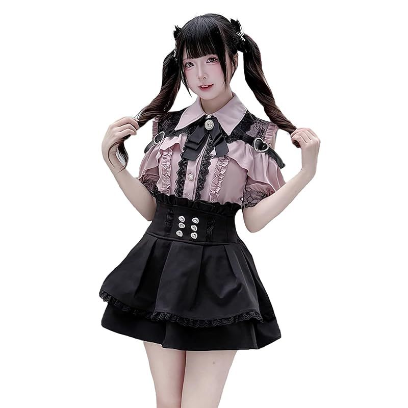 【新品】 [ＸＨＳＵＫＡＤＯ] オープンショルダー ワンピース レディース 地雷系 ハートバックル リボン レース フリル 病みかわいい 量産型 長袖 服 ブラウス スカート セットアップ フレンチ ガーリー系 ファッション おしゃれ 春 夏 秋 冬 (JP,