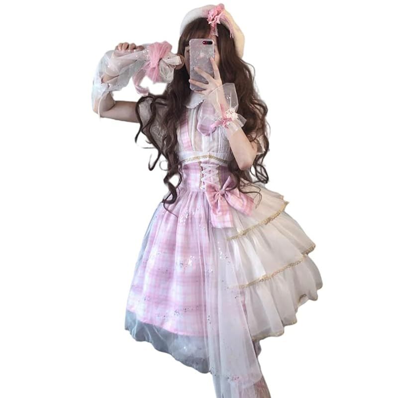 【新品】 [SSUPTEMBER] ワンピース ロリータ ジャンパースカート 姫 ドレス JK制服 女子高生 コスプレ 衣装 半袖 ゆめかわいい 森ガール 萌え ピンク チェック 女の子 リボン チュール ハロウィン 仮装 パーティー 学園祭 イベント (M)