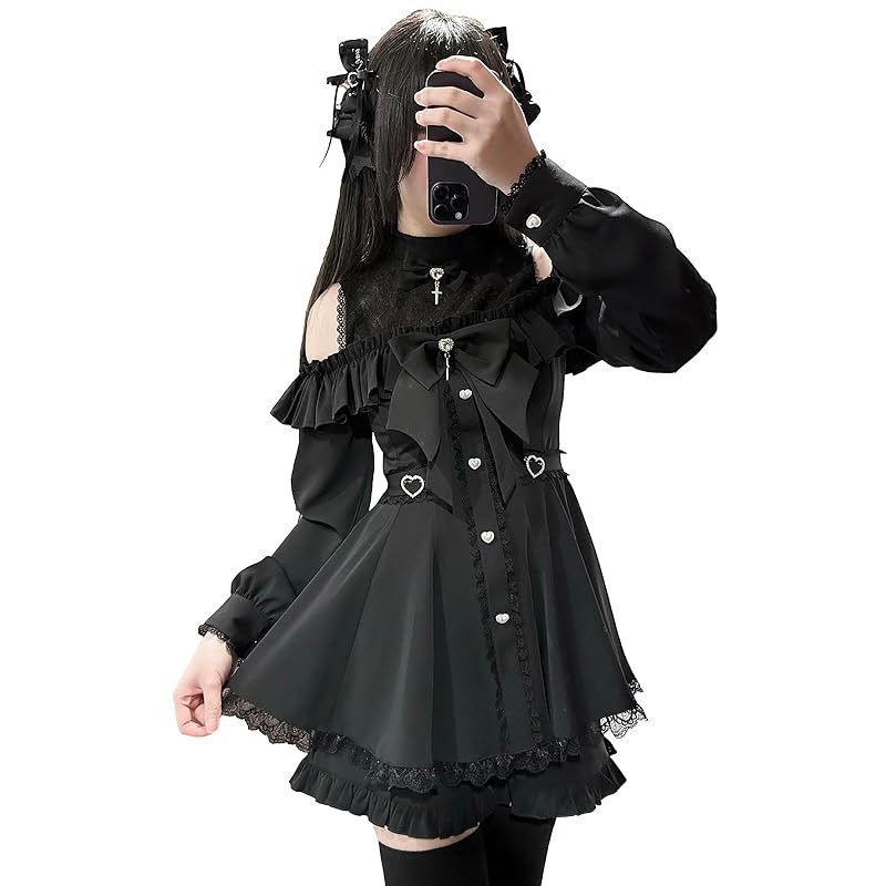 【新品】 [Jundakara] レディース ワンピース ハートボタン オープンショルダー フリル リボン付き 取り外し可能 地雷系 サブカル系 量産型 ロリータ Lolita かわいい ゆめかわ レースアップ レース ファッション 学生 おしゃれ 春 夏 秋