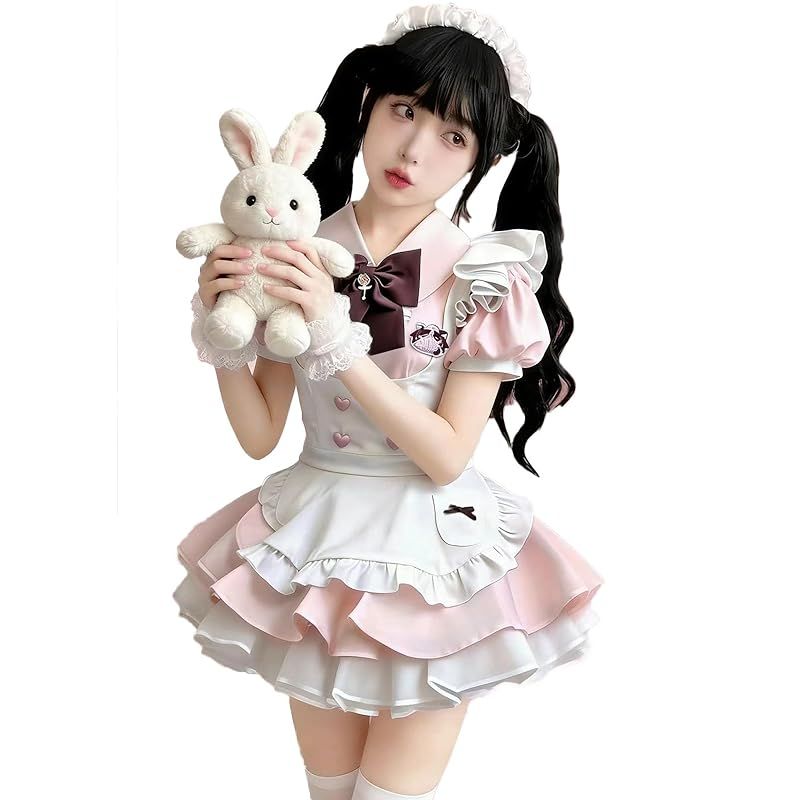 【新品】 [KALAOK] メイド服 コスプレ仮装 初心者 セット かわいい コスチューム ホワイト+ブラック 豪華セット pink M