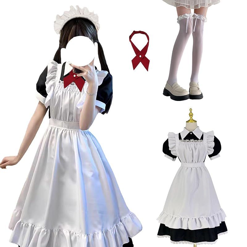 【新品】 [Sivrusn] メイド服 コスプレ 仮装 タイツ付きフルセット 定番 ロング丈 半袖 英国風 萌え かわいい ワンピース エプロン カチューシャ メイドコスチューム 仮装 ハロウィン レディース メンズ セット 一式 こすぷれ イベント XL