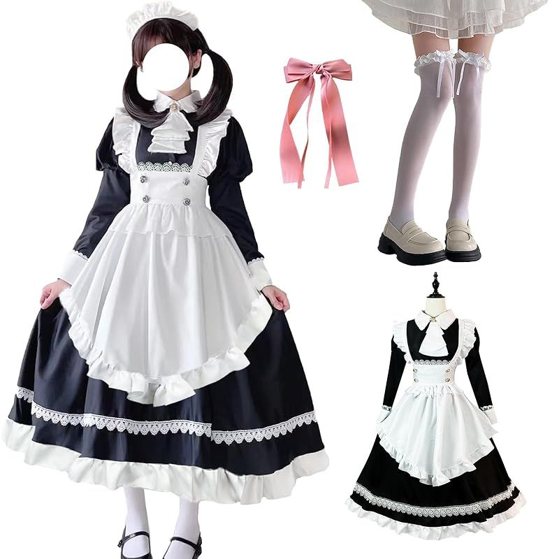 【新品】 [Sivrusn] メイド服 ロング丈 英国風 萌え ゴスロリ ワンピース ハロウィン 仮装 レディース 可愛い ロリータ コスプレ 長袖 女性 男性用 メイドコスチューム 仮装 喫茶店 パーティー イベント 学園祭 文化祭 ニーハイソックス付き M