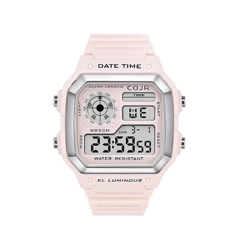 【新品】 [COJR] デジタル腕時計 メンズ 5気圧 防水 腕時計 多機能付き アラーム ストップウォッチ 日付 曜日 LEDカラーライト 人気 ランニング シンプル アウトドア おしゃれ 男女兼用 日本語と英語取扱説明書付き (ピンク)