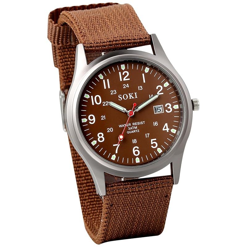 【新品】 メンズ 腕時計 時計 防水 光る: アラビア数字 模擬 軍用時計 野外 24時間夜光 ポインタ クォーツ 大文字盤 シンプル ナイロンベルト 茶色