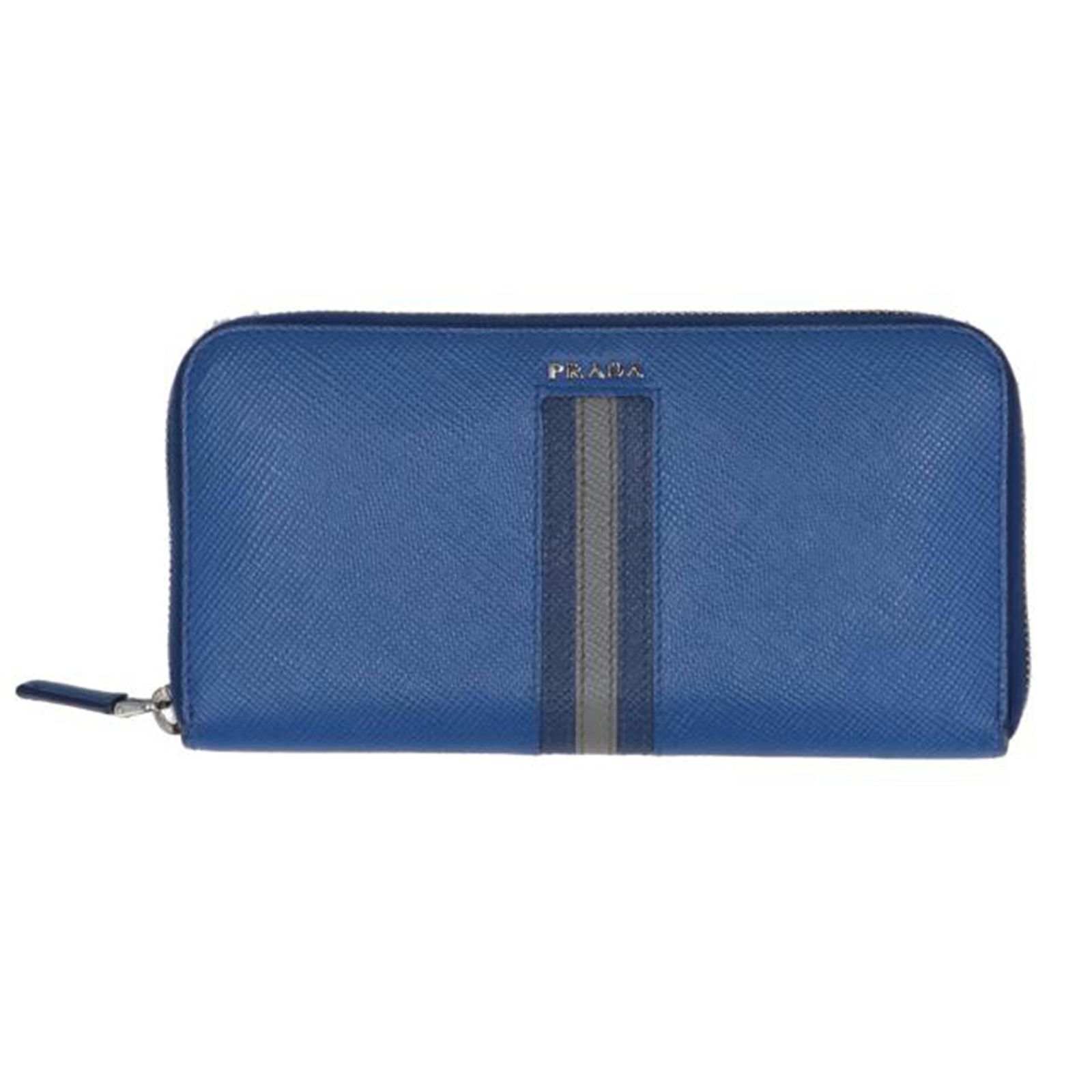 PRADA PRADA ストライプラウンドジップウォレット/ブルー Bランク 75