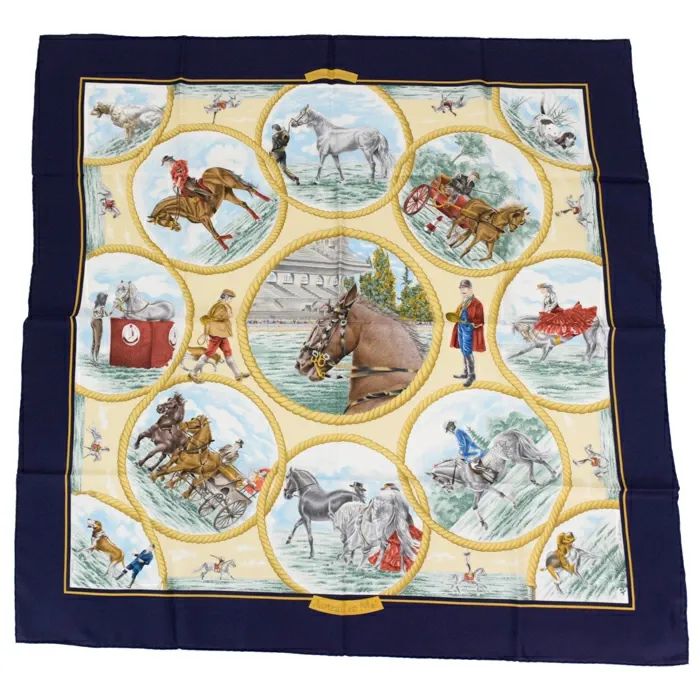 エルメス HERMES スカーフ カレ 90 シルク 100％ Auteuil en Mai / オートゥイユの5月 バンダナ 大判 ショール 馬柄 メンズ レディース ネイビー / グリーン / マルチカラー 正規品 極美品 中古 mbx15003