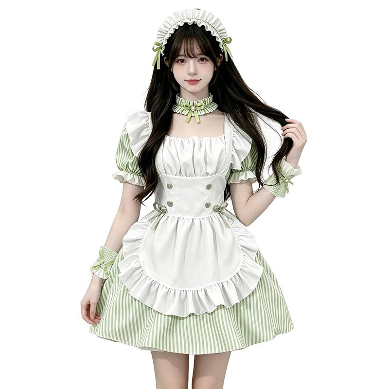 【新品】 [KALAOK] メイド服 コスプレ仮装 初心者 セット かわいい コスチューム ホワイト+ブラック 豪華セット stripe green S