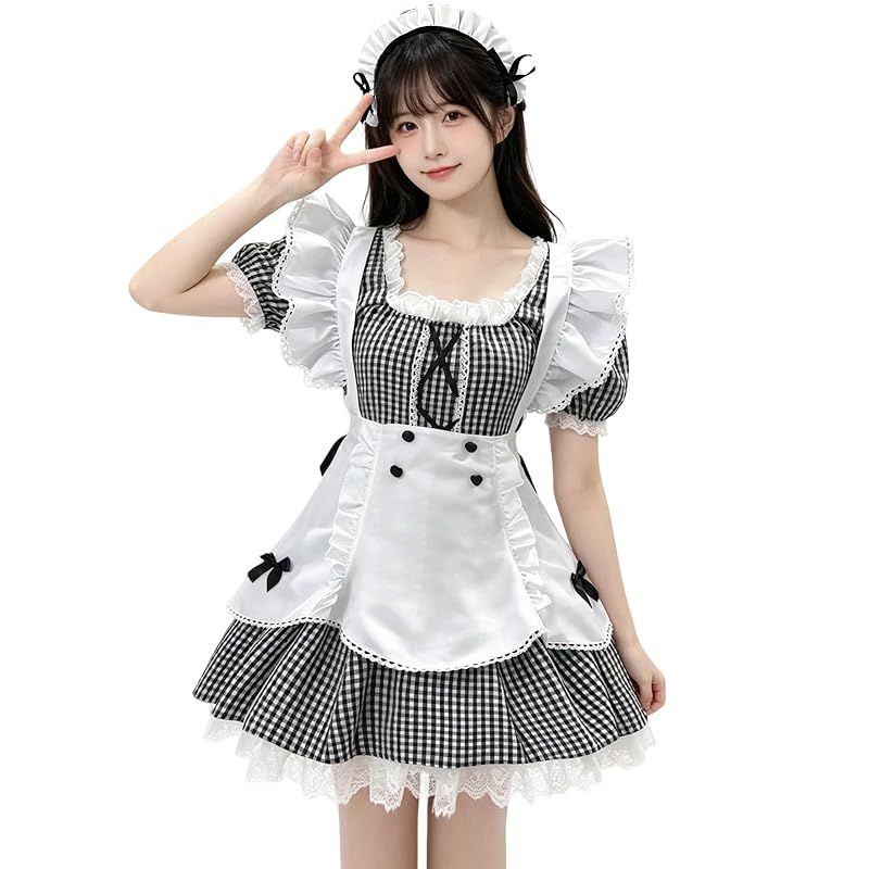 【新品】 [KALAOK] メイド服 コスプレ衣装 3点セット チェック ワンピース ハロウィン メイドコスチューム black 3XL