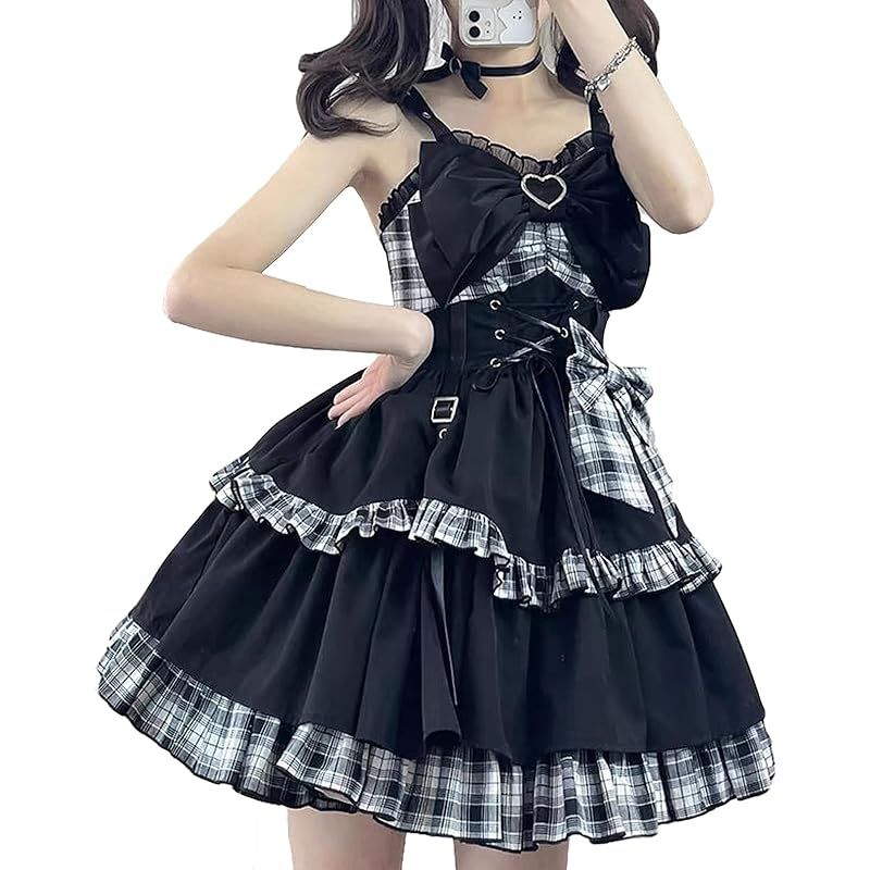 【新品】 [Qichenk] ロリータ ワンピース ゴスロリ 森ガール レース ネックレス ミニ ゴシック風 お姫様 可愛い リボン レース 森ガール アニメ ハロウィン 学園祭 gzloli-black/white XS