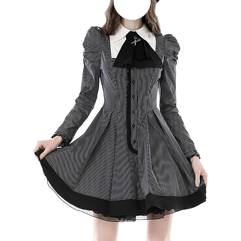【新品】 [MODKOKU] ゴシック ワンピース レディース ストライプ ロリータ レース ドレス フリル ミニ ゴスロリ dress 洋服 夢かわいい フレンチ ガーリー系 ハロウィーン コスプレ 切り替え 闇み系 長袖 服 学生 大人 春 夏 秋 冬 黒