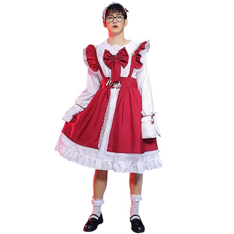 【新品】 [YUEEI] メイド服 メンズ 男性向け ブラック レッド コスプレ ハロウィン 仮装 ワンピース 長袖 可愛い パーティー イベント 撮影 女装 演出服 レース靴下付き 6点セット (S, レッド)