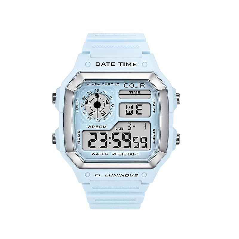 【新品】 [COJR] デジタル腕時計 メンズ 5気圧 防水 腕時計 多機能付き アラーム ストップウォッチ 日付 曜日 LEDカラーライト 人気 ランニング シンプル アウトドア おしゃれ 男女兼用 日本語と英語取扱説明書付き (ブルー)