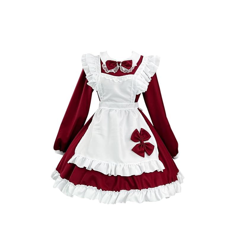 【新品】 [EIDEFE] メイド服 コスプレ ロリータ メイド 可愛い 衣装 大きいサイズ フリル ウェイトレス ワンピース エプロン カチューシャ セット レッド L