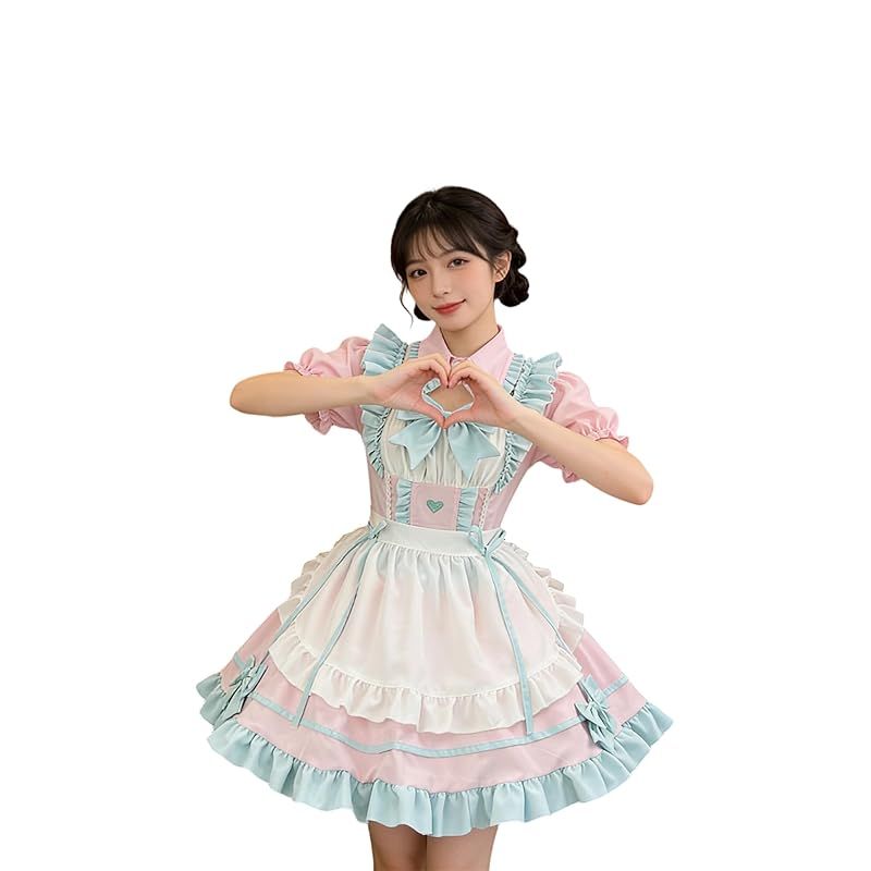 【新品】 [OMZIN] コスプレ 半袖 メイドコスチューム ハロウィン仮装 レディース イベント パーティー 学園祭 日常 メイド喫茶 カフェ仮装 カチューシャ付き グリーンピンク L