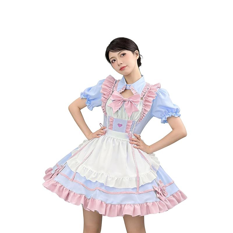 【新品】 [OMZIN] メイド服 ゴスロリ ロング 人気 エプロン ワンピース コスプレ ハロウィン 仮装 半袖 可愛い 萌え パーティー 大人用 メイドコスチューム ブルーピンク S
