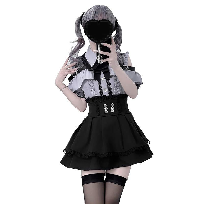 【新品】 [ＸＨＳＵＫＡＤＯ] オープンショルダー ワンピース レディース 地雷系 ハートバックル リボン レース フリル 病みかわいい 量産型 長袖 服 ブラウス スカート セットアップ フレンチ ガーリー系 ファッション おしゃれ 春 夏 秋 冬 (JP,