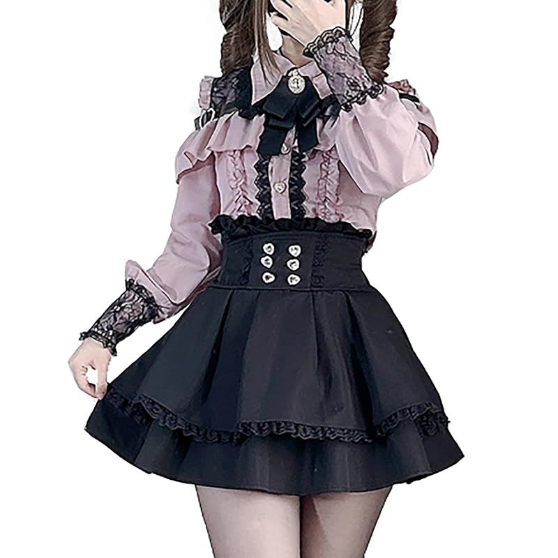 【新品】 [ＸＨＳＵＫＡＤＯ] オープンショルダー ワンピース レディース 地雷系 ハートバックル リボン レース フリル 病みかわいい 量産型 長袖 服 ブラウス スカート セットアップ フレンチ ガーリー系 ファッション おしゃれ 春 夏 秋 冬 ピンク