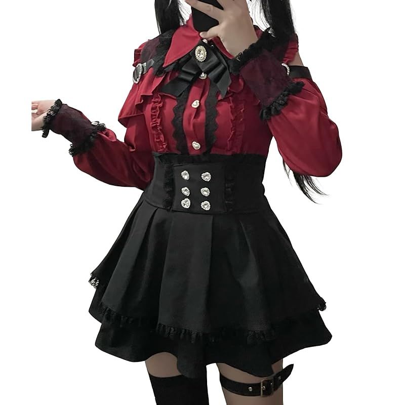 【新品】 [ＸＨＳＵＫＡＤＯ] オープンショルダー ワンピース レディース 地雷系 ハートバックル リボン レース フリル 病みかわいい 量産型 長袖 服 ブラウス スカート セットアップ フレンチ ガーリー系 ファッション おしゃれ 春 夏 秋 冬 レッド