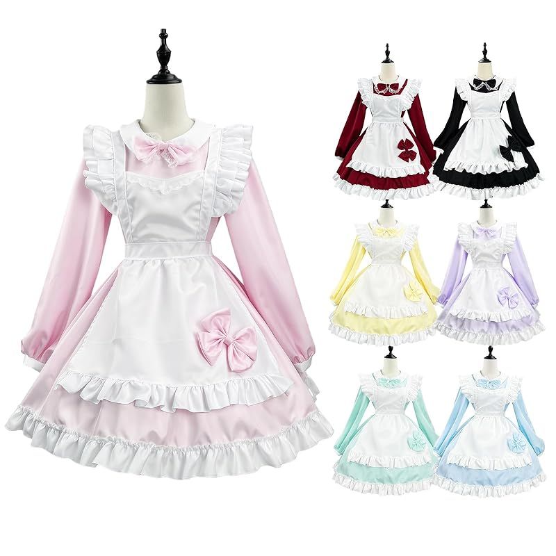 【新品】 [CR ROLECOS] メイド服 大きいサイズ 多色 リボンワンピース 可愛い フリル メイド コスプレ レディース プラスサイズ 定番 ?袖 喫茶店 コスチューム 大人（ペールピンク、M）