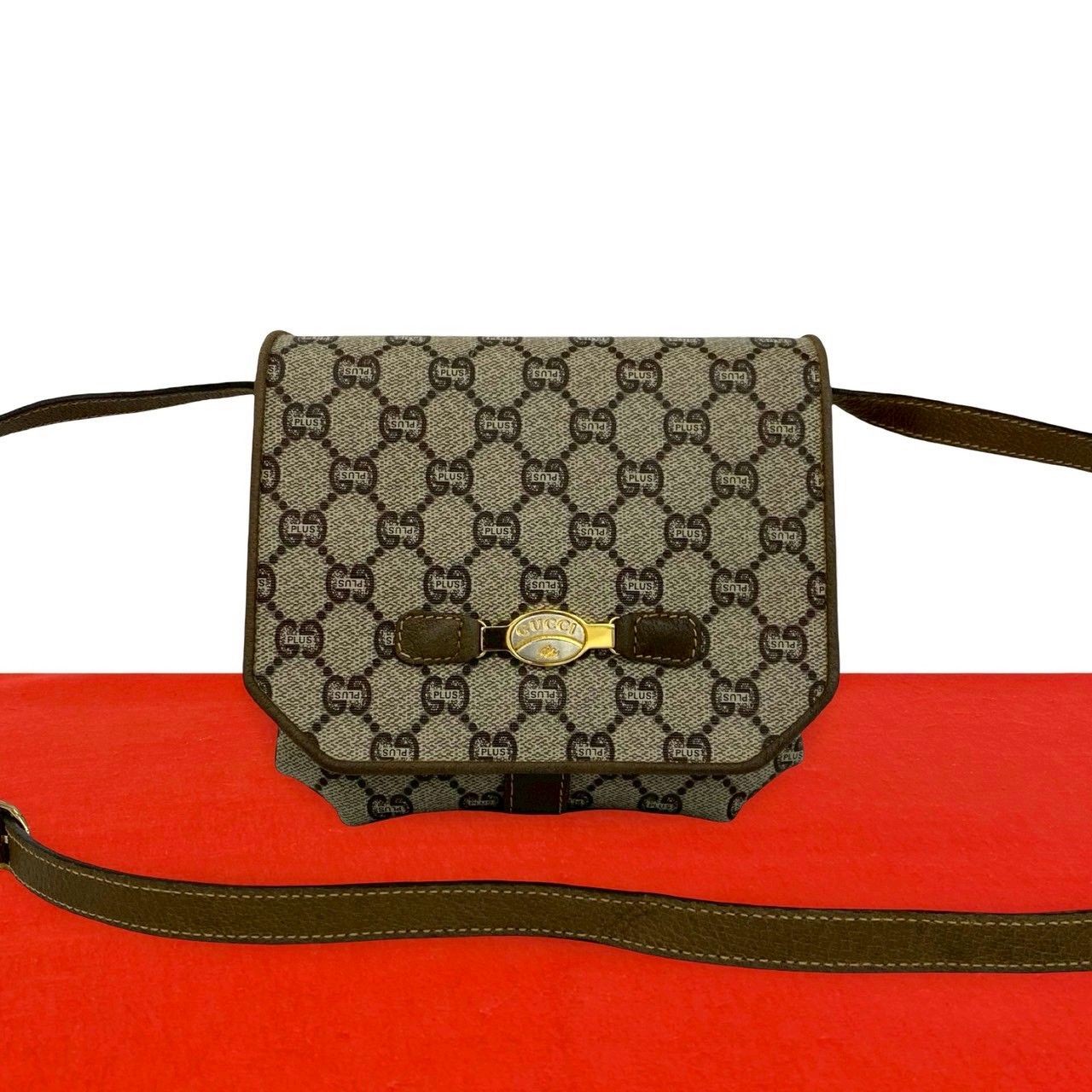 極 美品 保存袋付 GUCCI グッチ グッチプラス ロゴ 総柄 金具 レザー 本革 ミニ ショルダーバッグ ポシェット ブラウン 茶 90569