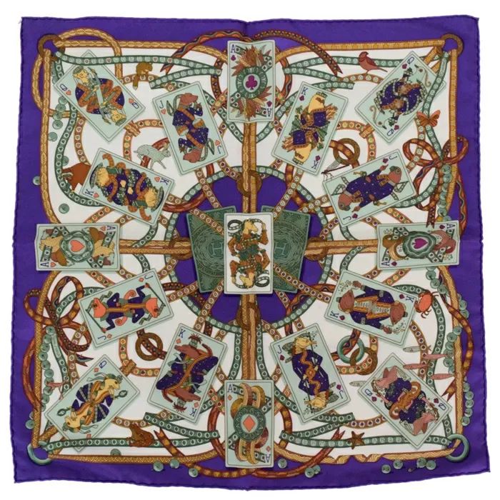 エルメス HERMES スカーフ カレ 45 ガヴロッシュ プチカレ シルク 100％ DAME DE COEUR A VOUS L’HONNEUR/ハートのクイーン ミニスカーフ ヴァイオレット/ホワイト/グリーン 正規品 極美品 中古 mbx15004