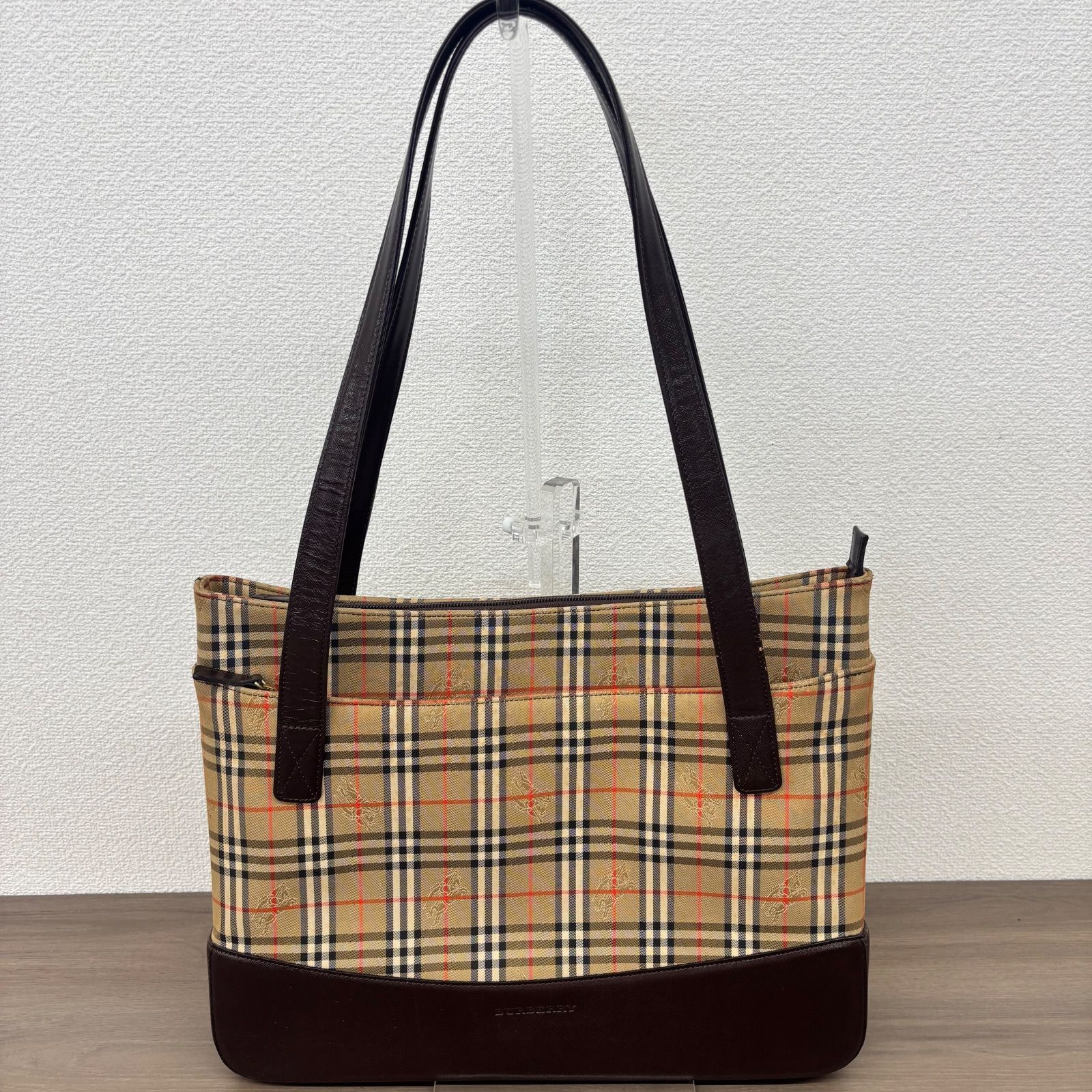 （s） バーバリー BURBERRY ヘイマーケットチェック トート バッグ キャンバス レザー ベージュ ブラウン ゴールド 金具 /7943