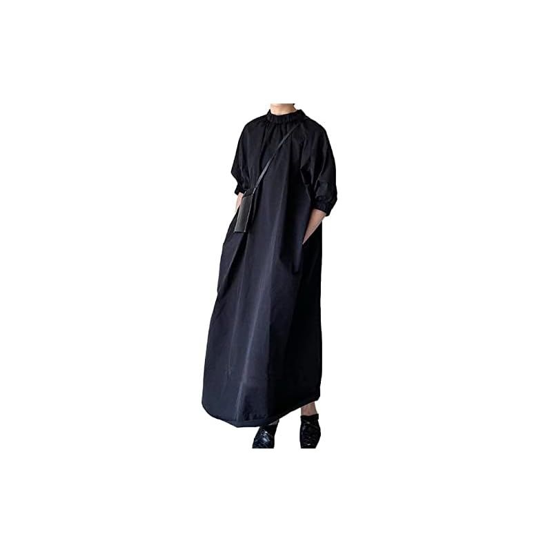 【新品】 [1/2plus] ニブンノイチプラス ワンピース ハイ ネック 七分袖 バンド カラー バルーン 袖 ボリューム ロング チュニック フォーマル レディース (紺,M)