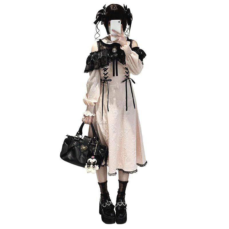 【新品】 [Jundakara] 地雷系 量産型 オープンショルダー ワンピース レディース ショート丈 長袖 かわいい 清楚系 取り外し可能 リボン付き フリル フレンチ ガーリー系 フェミニン ロリータ系 服 おしゃれ 春 夏 秋 冬 ロング丈 学生 黒