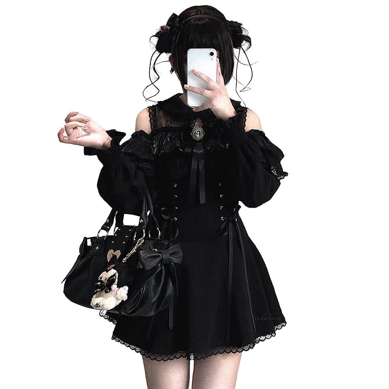 【新品】 [Jundakara] 地雷系 量産型 オープンショルダー ワンピース レディース ロング丈 ショート丈 長袖 かわいい 清楚系 取り外し可能 リボン付き フリル フレンチ ガーリー系 フェミニン ロリータ系 おしゃれ 春 夏 秋 冬 学生 (JP,