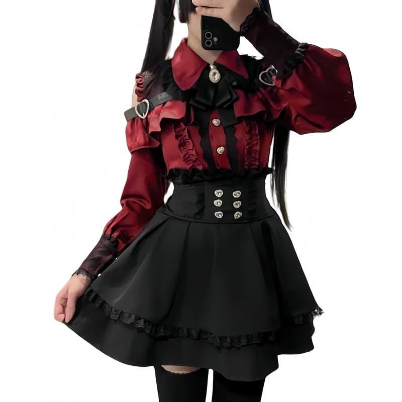 【新品】 [BIIYUHN] 地雷系 オープンショルダー ワンピース セットアップ レディース 3点セット 長袖 セットアップ ハートバックル レース フリル リボン かわいい 服 フレンチ ガーリー系 おしゃれ ファッション ブラウス スカート 春 夏 秋