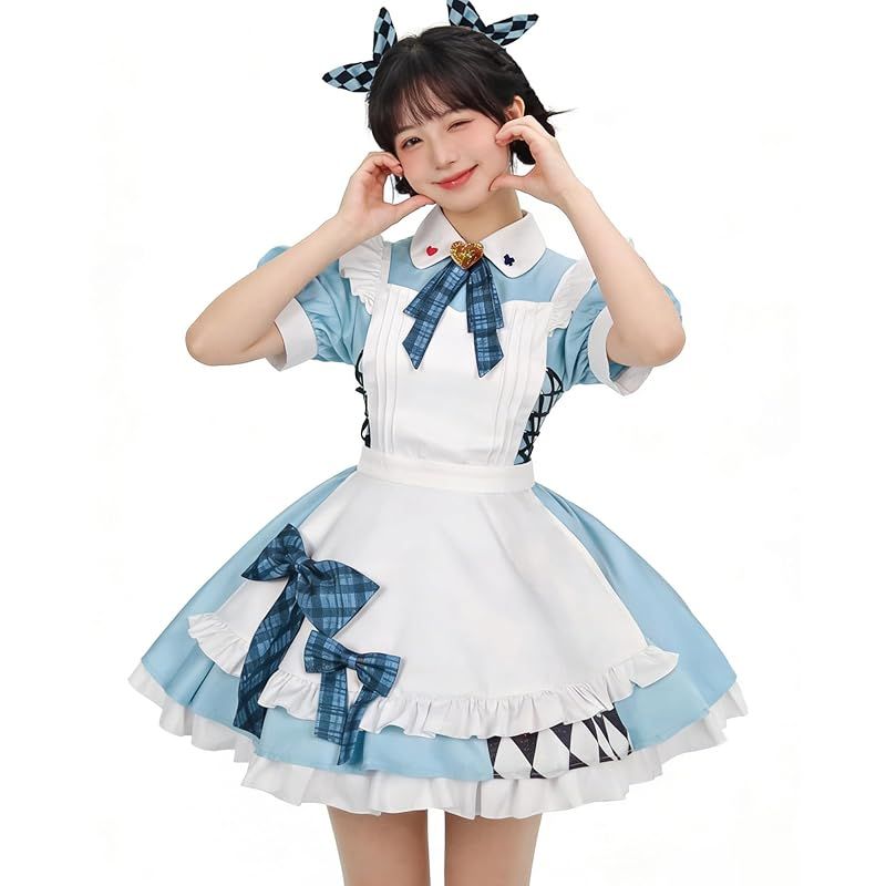 【新品】 [KALAOK] メイド服 コスプレ 初心者 セット 萌え コンカフェ メイド ショート丈 可愛い 喫茶店 仮装 blue L