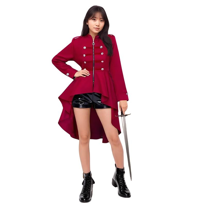 【新品】 [AZ-FRONT] 軍服 ロリータ ゴスロリ コスプレ ハロウィン 燕尾服 アシンメトリー裾 パーティー 文化祭 学園祭 ステージ (レッド, M)