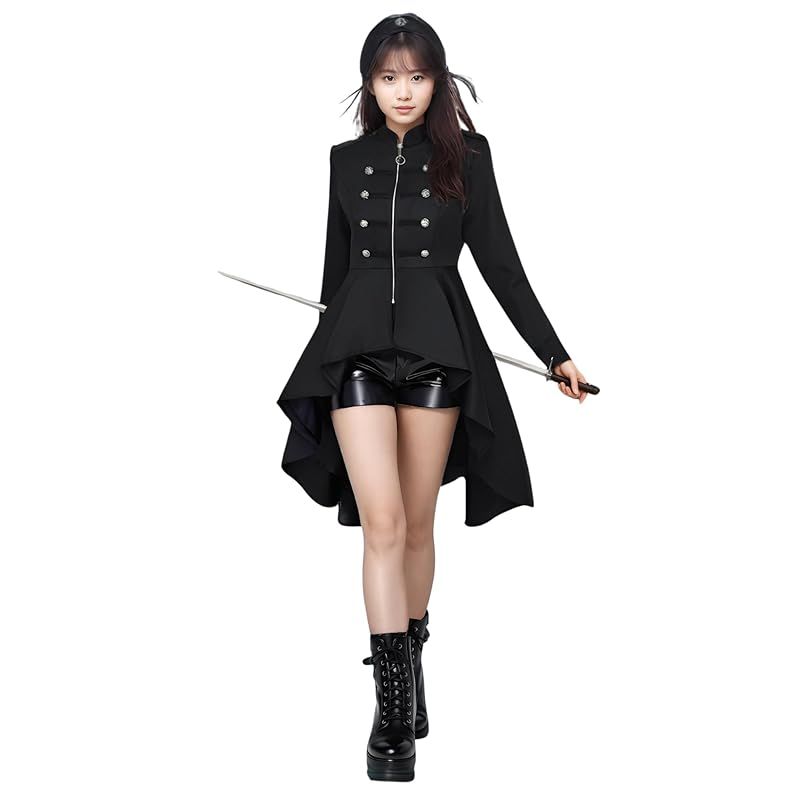 【新品】 [AZ-FRONT] 軍服 ロリータ ゴスロリ コスプレ ハロウィン 燕尾服 アシンメトリー裾 パーティー 文化祭 学園祭 ステージ (ブラック, XL)