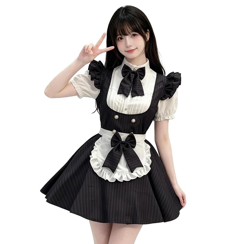 【新品】 [KALAOK] メイド服 コスプレ レース 半袖 ワンピース 大きいサイズ ゴスロリ ハロウィン 仮装 cosplay 喫茶店 black S