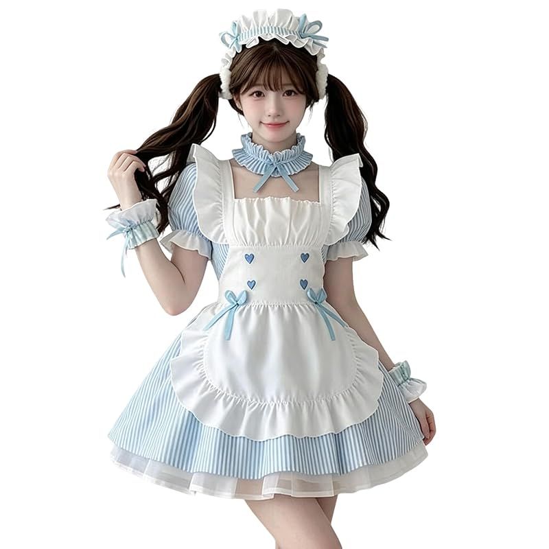 【新品】 [KALAOK] メイド服 コスプレ衣装 女装 萌え萌え かわいい 仮装 ゴスロリ ワンピース 青 S