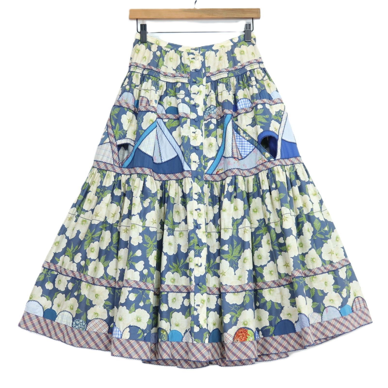 【美品】ピンクハウス★いろいろパッチワーク♪花柄ギャザースカート 紺系 前開き オリチェ&ギンガム♪z21018