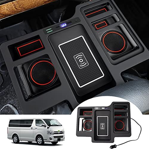Cartist トヨタ ハイエース 200系 カップホルダー 9型にも対応 ドリンクテーブル ワイヤレス充電機能付き 増設トレイ 車種専用設計 センターコンソール 車内収納ボックス ゴムマット付き 小物入れ 増設キット カスタムパーツ 取付簡単 内装パーツts