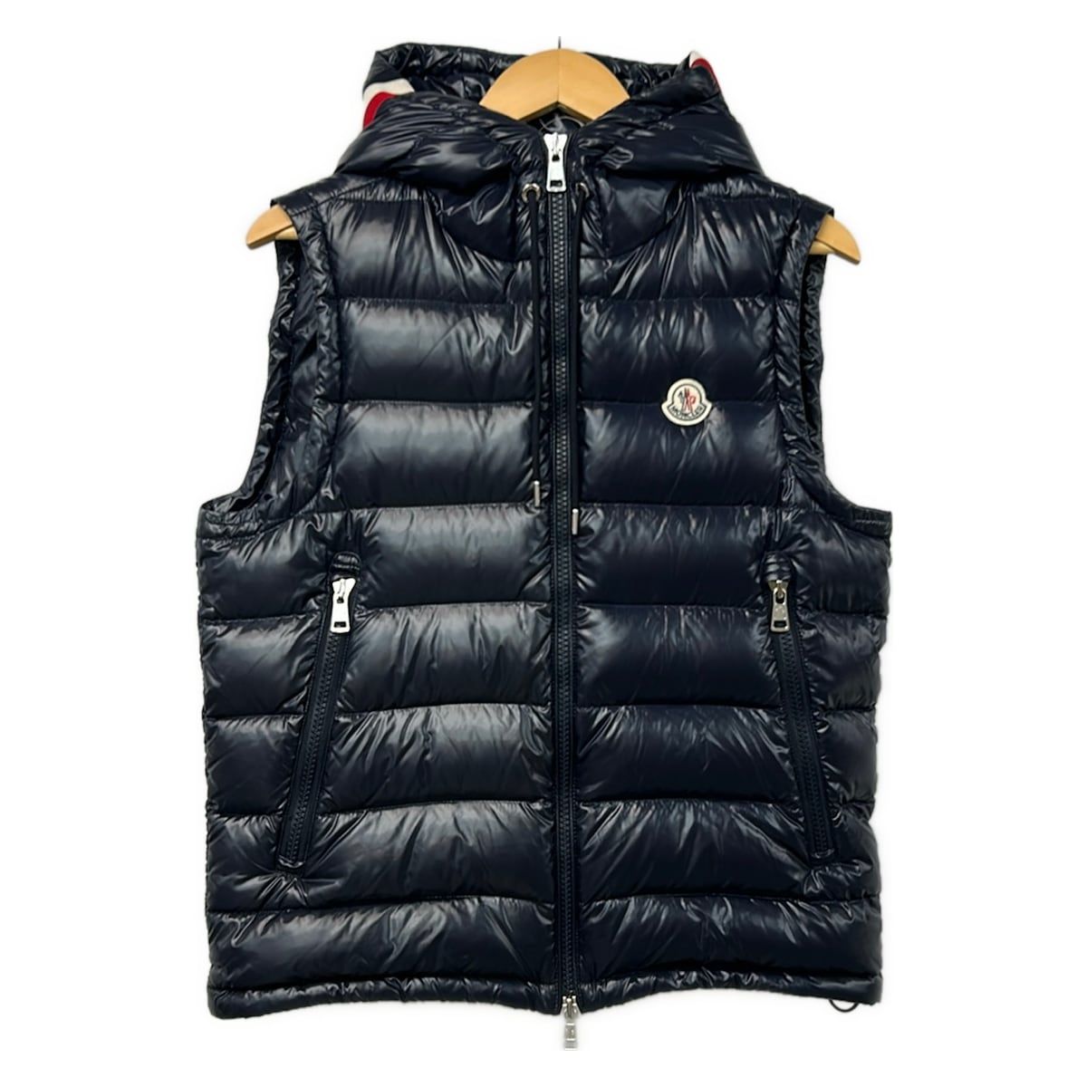 MONCLER(モンクレール) ダウンベスト サイズ2 M メンズ美品 LANOUX(ラヌー) ダークネイビー×白×レッド 秋/冬