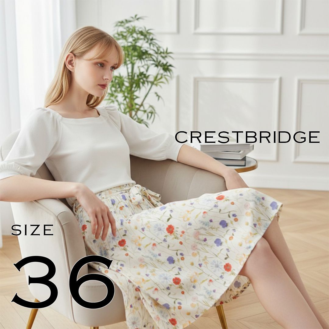 【美品/人気モデル】BLUE LABEL CRESTBRIDGEブルーレーベル・クレストブリッジ 21SS サマーニット×フレアスカート セットアップ スクエアネック パフスリーブ リバティ柄 36/38(S～M) アイボリー 【古着】【中古】【送料無料】