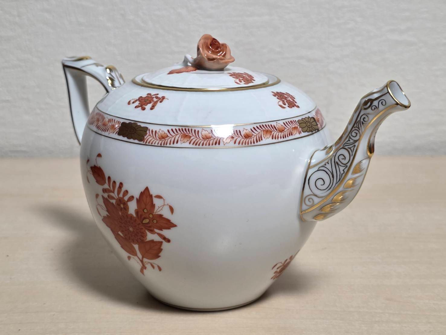 R80611 美品 HEREND ヘレンド アポニーオレンジ ティーポット 薔薇つまみ 金彩