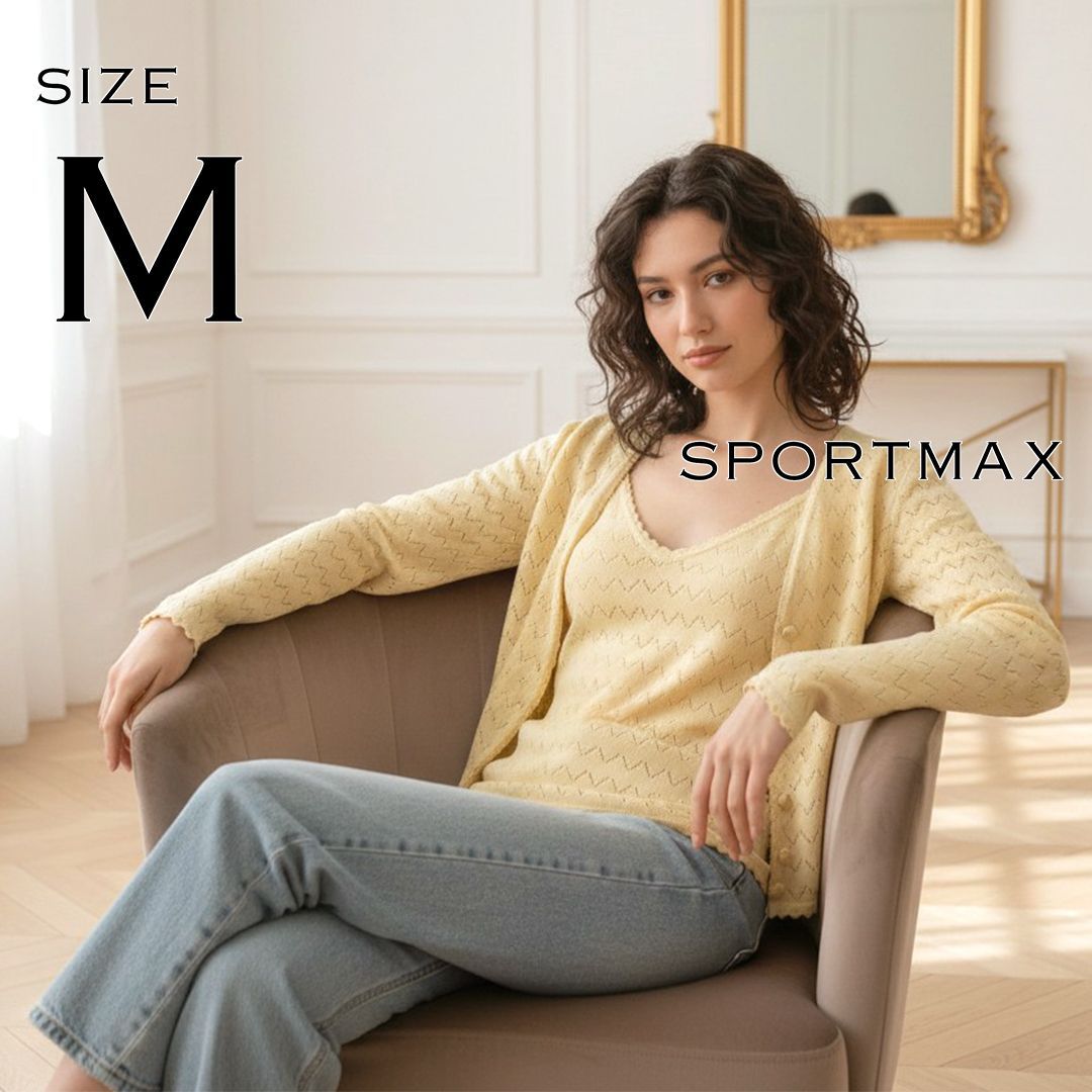 【極美品】SPORTMAXスポーツマックス Max Mara イタリア製 80s～90s ヴィンテージ レーヨン混 透かし編み サマーニットアンサンブル キャミソール&カーディガン M クリーム【古着】【中古】【送料無料】