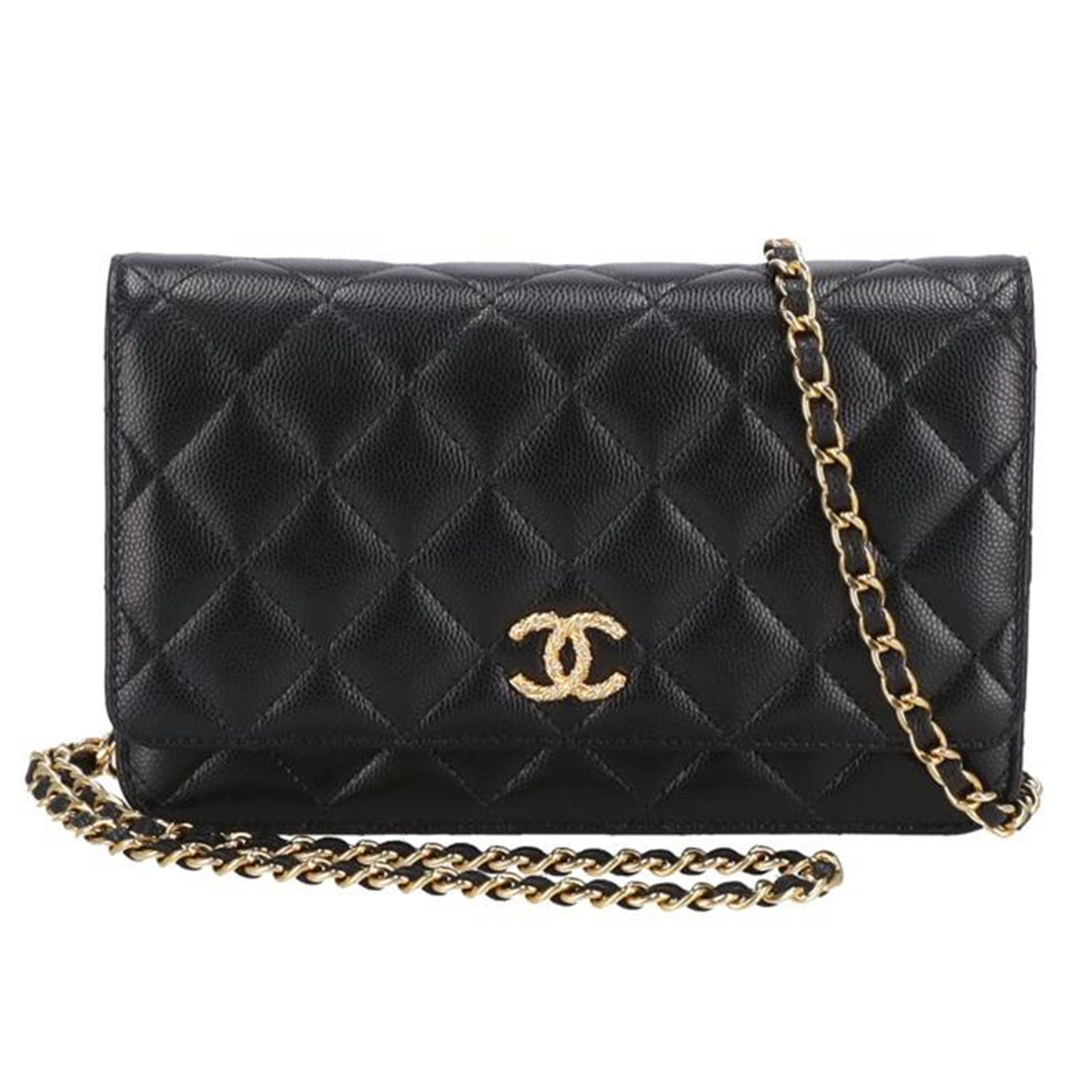 CHANEL キャビアスキン/ラインストーン/ココマークチェーンウォレット