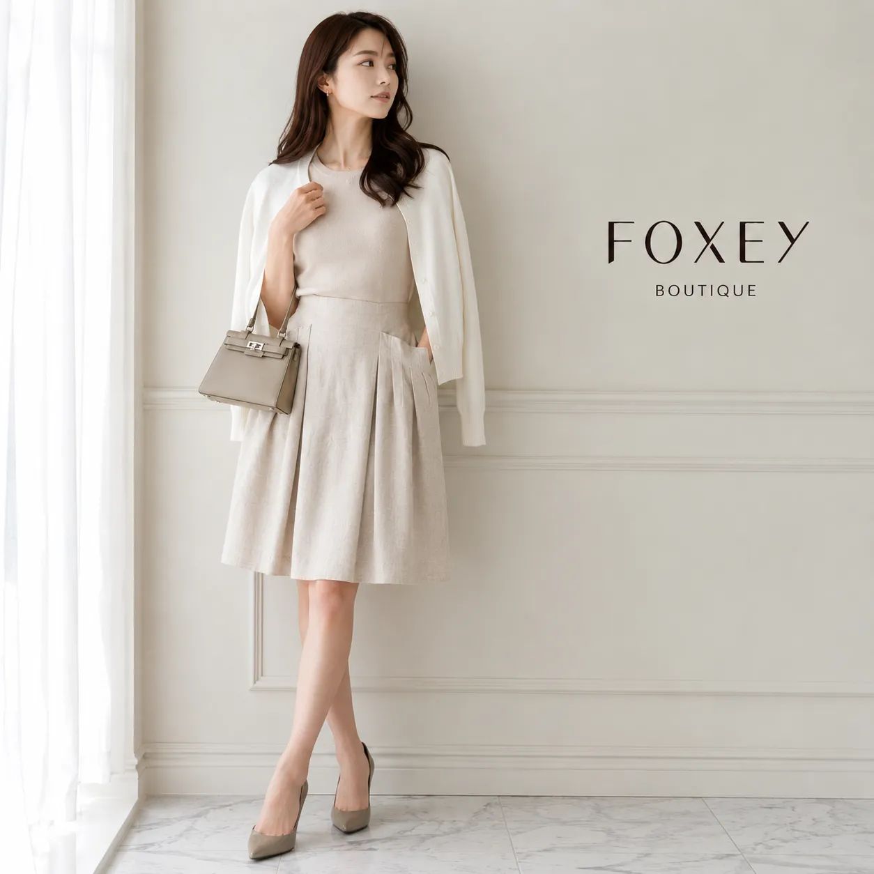 【未使用に近い】【参考価格70,200円】FOXEY BOUTIQUE / フォクシーブティック リネンBLEND スカート ナチュラル 38 上品 レース刺繍 通勤 オフィスカジュアル お出かけ コーデ