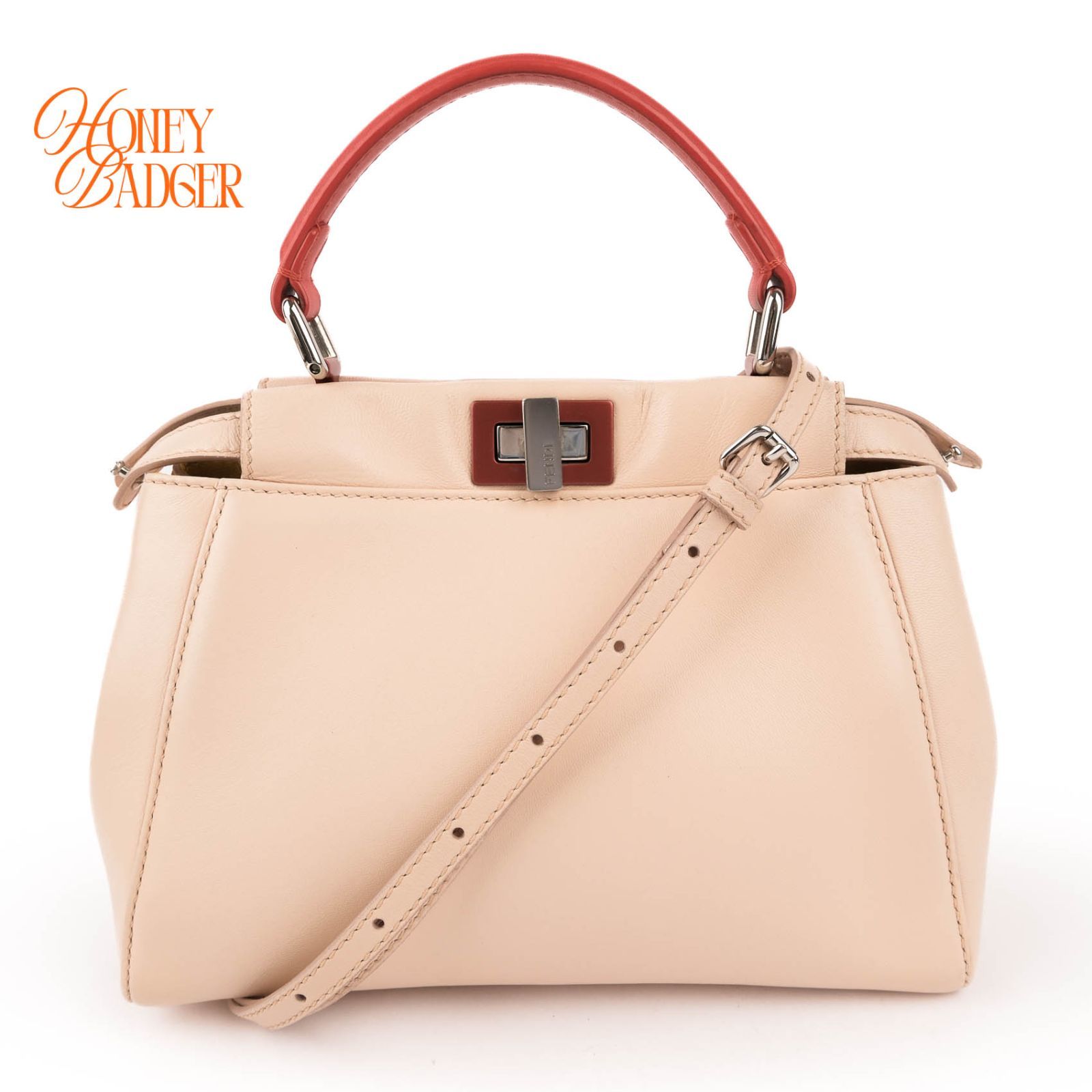 【美品 2WAY】フェンディ ピーカブー アイコニックミニ レザー ベージュ 赤ハンドル